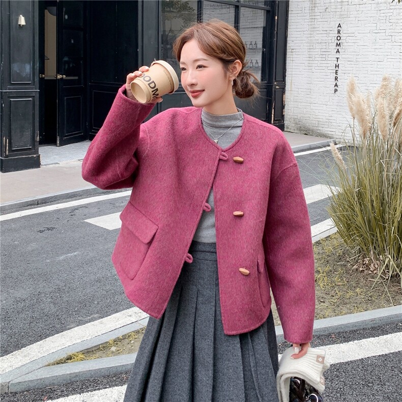 牛角扣玫粉色双面呢羊毛短外套女冬季2025新款小个子流行爆款超火,女装毛呢外套,2C261