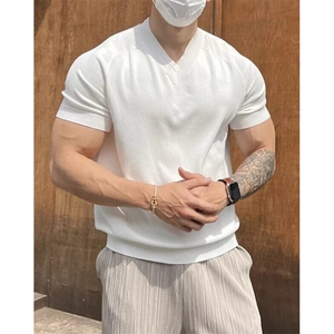 V领针织短袖t恤男士夏季薄款轻熟风简约纯色透气体恤衫 Z66图片