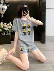韩版休闲时尚套装女夏款个性简约圆领印花刺绣上衣阔腿短裤两件套，女装套装/套裙，江南