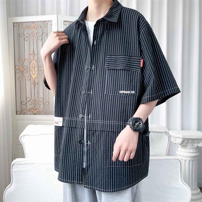 货足8XL-M2023夏季新款美式高街条纹短袖衬衫男胖子衬衣加肥加大,男装衬衫,钱塘717(原712)