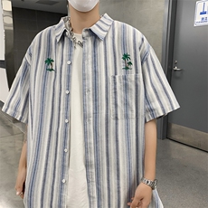 F324-P36夏季新款日系条纹短袖衬衫男潮牌百搭半袖衬衣外套现货，男装衬衫，星座512-6