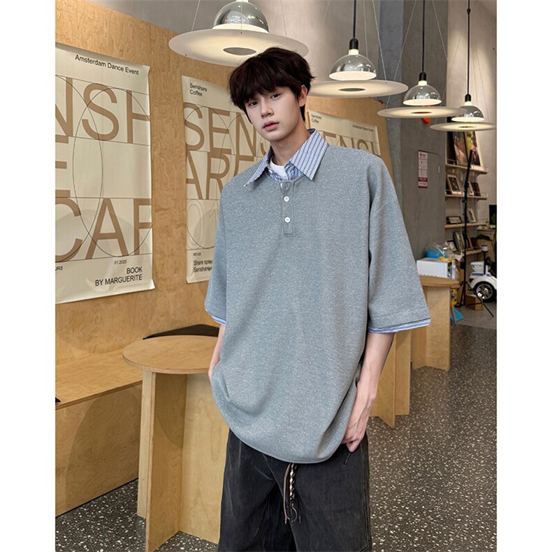 8XL-M假两件衬衫领短袖T恤大码夏季条纹拼接polo衫半袖DX1211/P45图片