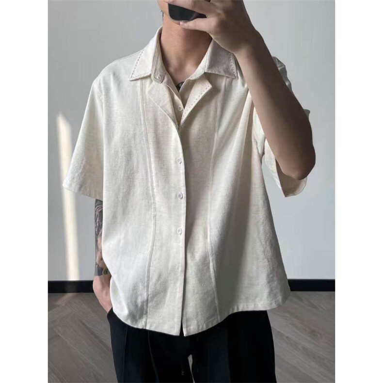 已下单~夏季亚麻天丝翻领假两件老钱风透气短袖衬衫男CT25127批55,男装衬衫,星座1004-6