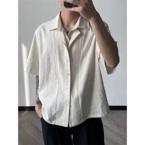 已下单~夏季亚麻天丝翻领假两件老钱风透气短袖衬衫男CT25127批55图片