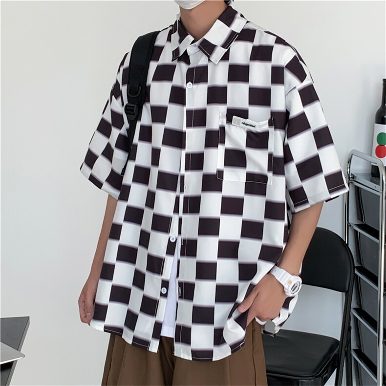 棋盘格短袖衬衫男设计感小众2023新款韩版宽松衬衣潮CS0754-P35,男装衬衫,星座308B-1