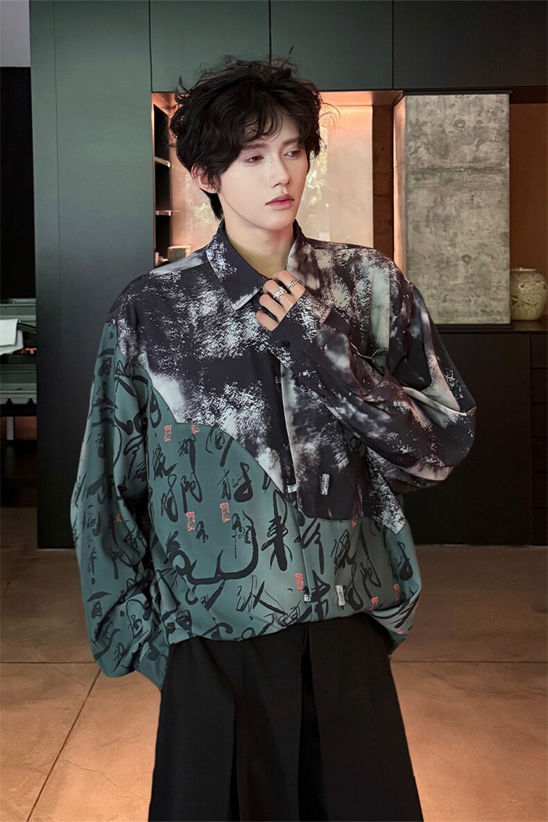 CS1152-特批38控68秋季新款新中式撞色拼接长袖冰丝衬衫大码男,男装衬衫,电商A059