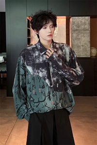 CS1152-特批38 控68 秋季新款新中式撞色拼接长袖冰丝衬衫大码男图片