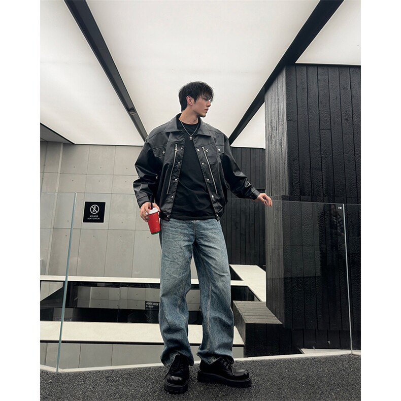 自家图，博主风cleanfit外套男美式复古pu皮机车服夹克JK2402-P90,男装夹克,星座1007（原301D）