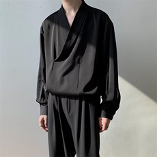 设计感小众黑色V领衬衫男高街潮流轻熟风长袖上衣W6940-P35，男装衬衫，星座512-2