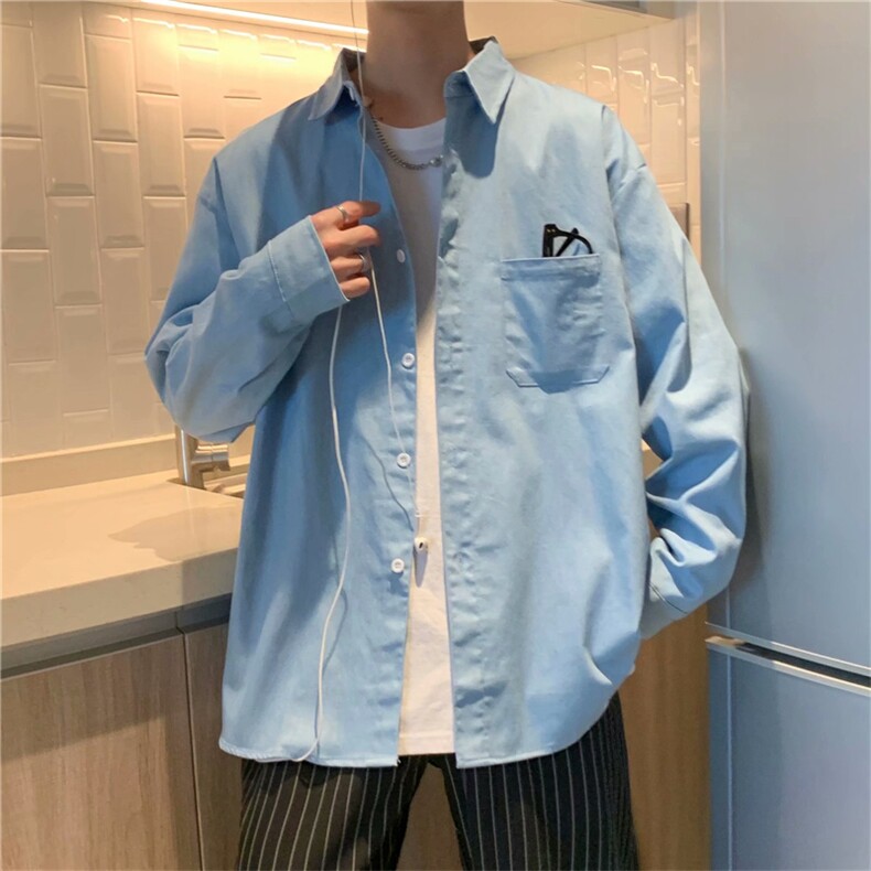 春秋新款牛仔布衬衫男长袖潮流港风日系休闲宽松衬衣W1769-P38,男装衬衫,星座512-4