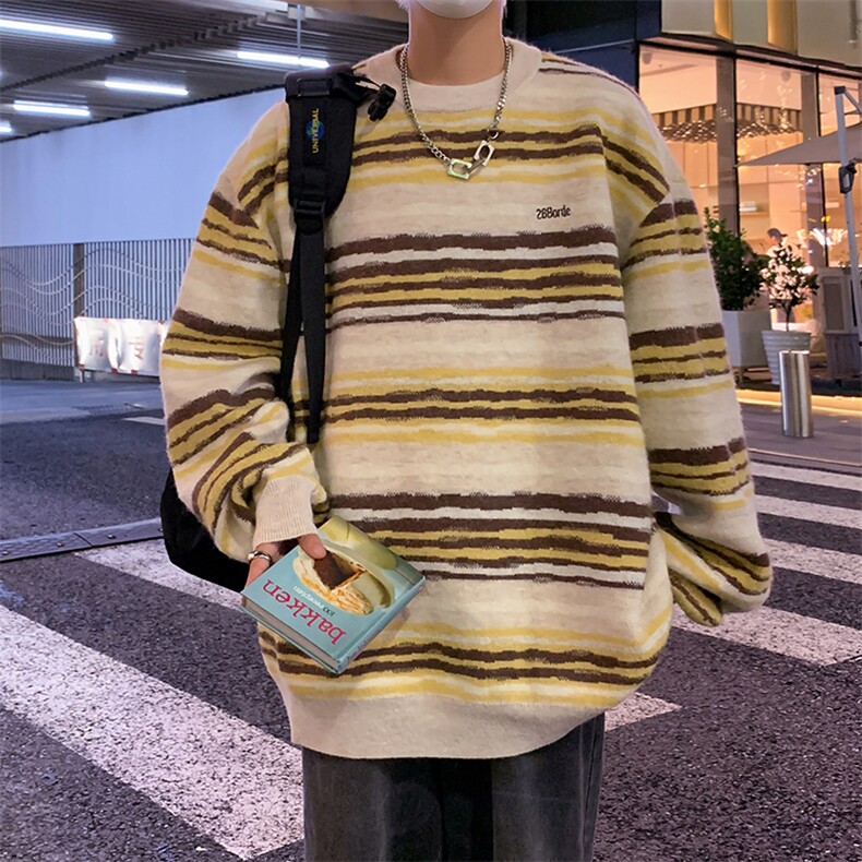 潮牌秋季情侣街头嘻哈宽松休闲彩色条纹外套毛衣NY05603-P52图片