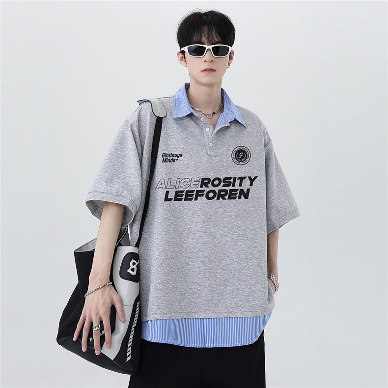 翻领拼接潮牌假两件衬衫领POLO衫运动美式复古短袖T恤T282-P48，男装Polo衫，电商C307