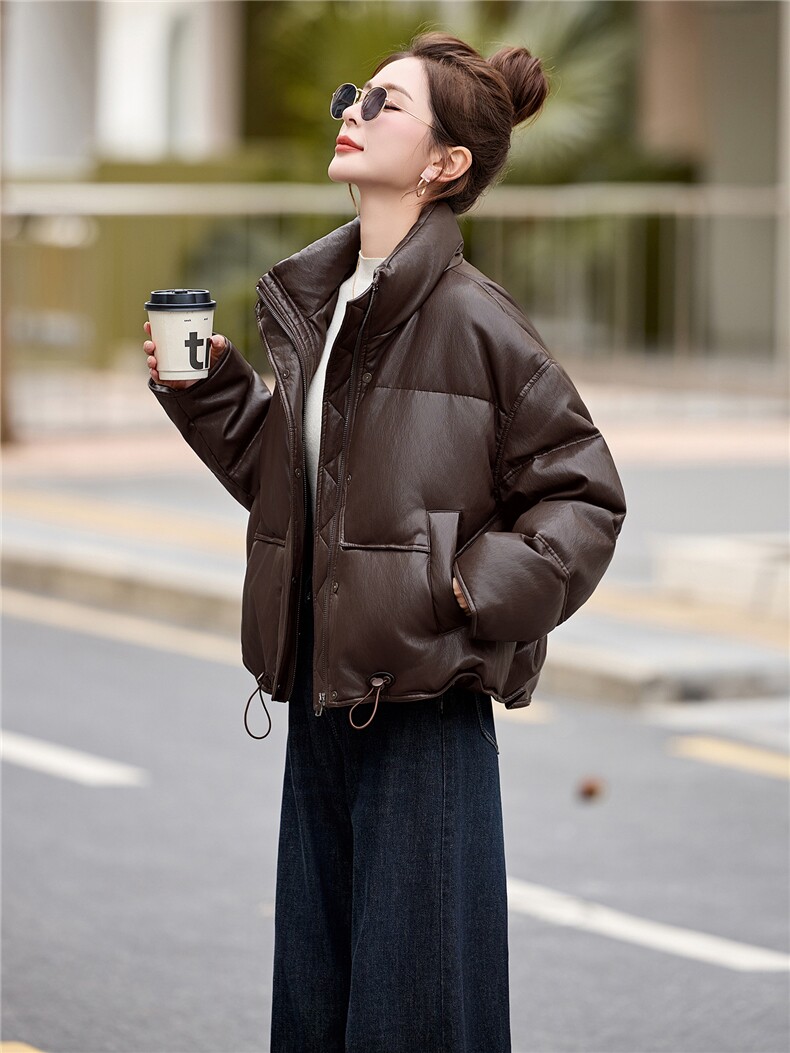 pu皮短款羽绒服女冬季2025新款小个子今年流行款加厚保暖外套立领,女装羽绒服,依万里