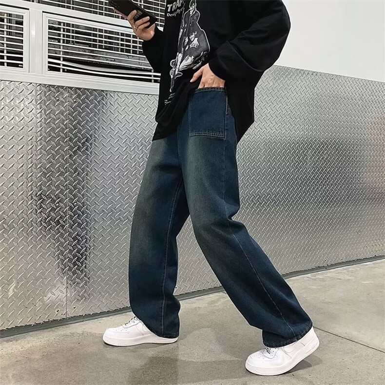 美式复古牛仔裤男秋宽松阔腿裤ins潮牌高街坠感直筒裤N07057-P43,男装牛仔裤,星座308B-1