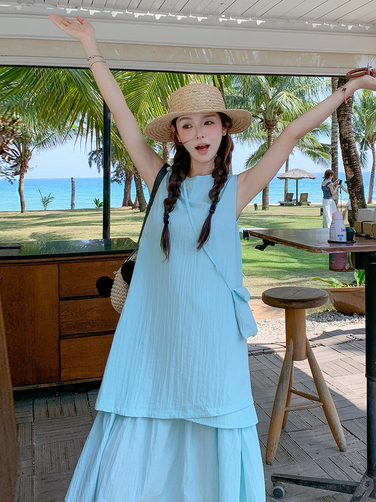 蓝色无袖假两件连衣裙女2025夏季新款韩系宽松休闲显瘦减龄背心裙,女装连衣裙,浙宝305