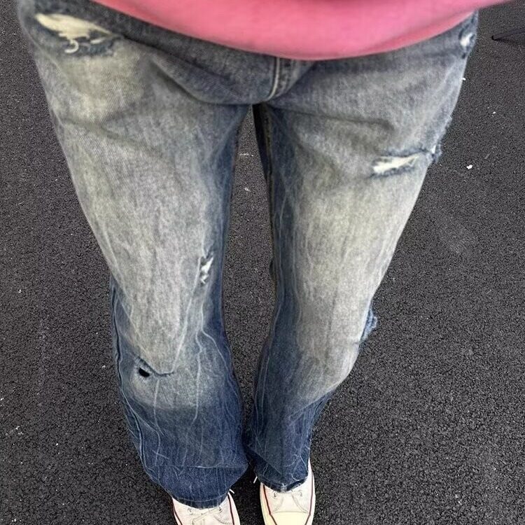 美式街头破洞牛仔裤男潮牌宽松直筒cleanfit闪电裤子WLA4111-P45,男装牛仔裤,星座1008