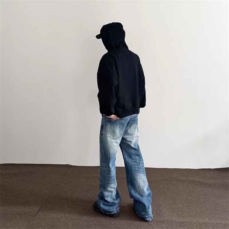 美式高街vibe闪电爆裂纹蓝色牛仔裤男潮直筒微喇cleanfit显瘦裤子,男装牛仔裤,星座516A