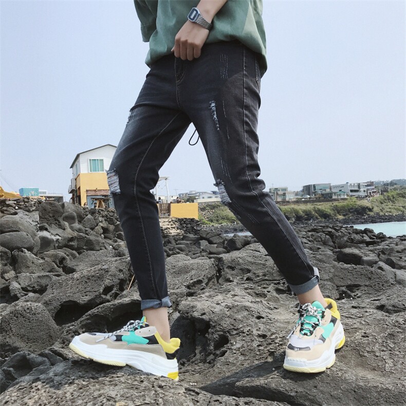 新款夏季牛仔裤男九分裤韩版潮流乞丐破洞弹力9分裤6921-P40，男装牛仔裤，电商A318