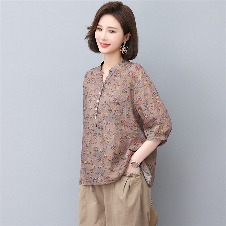苎麻上衣女夏季2024年新款大码宽松中年妈妈薄款中袖印花休闲衬衫，女装T恤，忆绮罗
