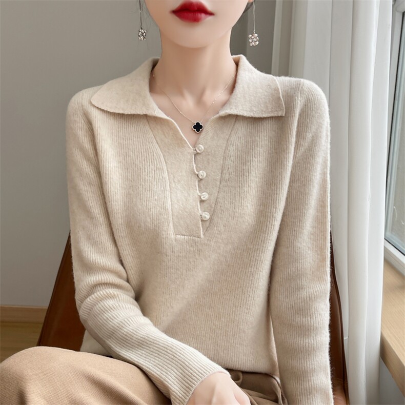 纯色简约POLO领长袖针织衫女秋冬时尚气质显瘦百搭打底衫翻领毛衣,女装羊毛衫,端硕羊绒