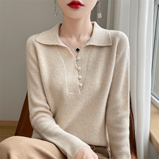 纯色简约POLO领长袖针织衫女秋冬时尚气质显瘦百搭打底衫翻领毛衣，女装羊毛衫，端硕羊绒