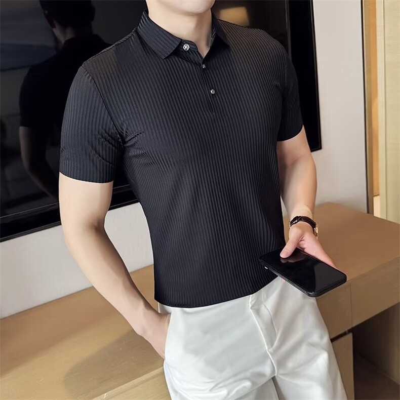 短袖polo衫男新款夏季修身肌肉轻熟商务休闲韩版竖条纹坑条t恤ins,男装T恤,星座506A