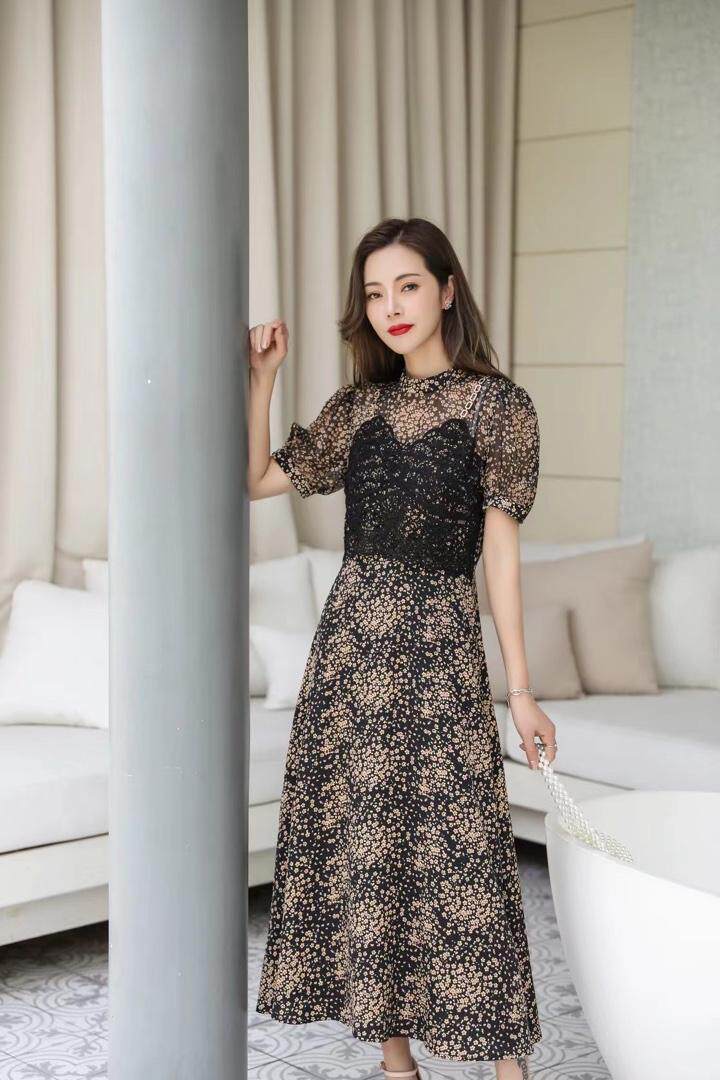 碎花假两套连衣裙，女装连衣裙，蓝芝衣秀