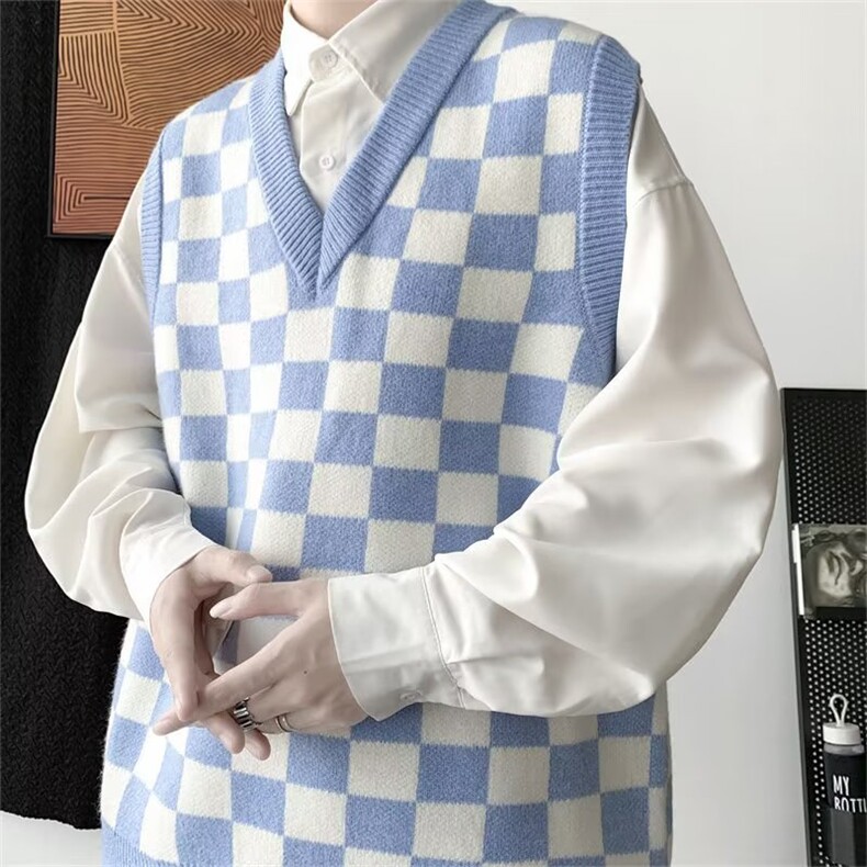 港风秋款男V领背心条纹棋盘格针织衫拼色线衣M537P33,男装背心/马甲,星座1013-1