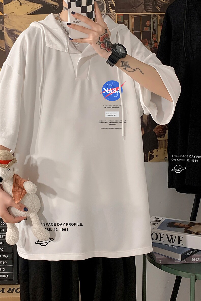 LD54243-P45NASA连帽短袖t恤男大码胖子带帽五分袖中袖,男装T恤,电商A040
