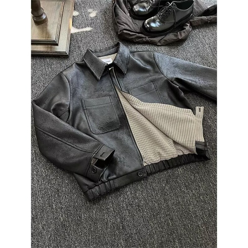 复古高级感裂纹做旧皮夹克男潮牌翻领机车短外套310A-4-B958-P97图片