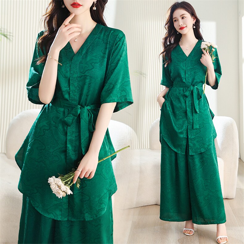 2023夏季女装新款时尚洋气醋酸提花料大码阔腿裤套裤，女装套装/套裙，魅衣本色