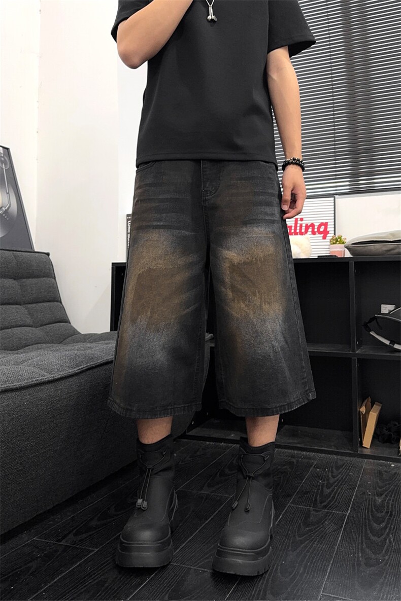 B221美式ins高街宽松直筒喷墨七分牛仔裤短裤LK25530-特P40控68,男装牛仔裤,电商B221