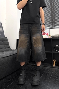 B221 美式ins高街宽松直筒喷墨七分牛仔裤短裤 LK25530-特P40控68图片