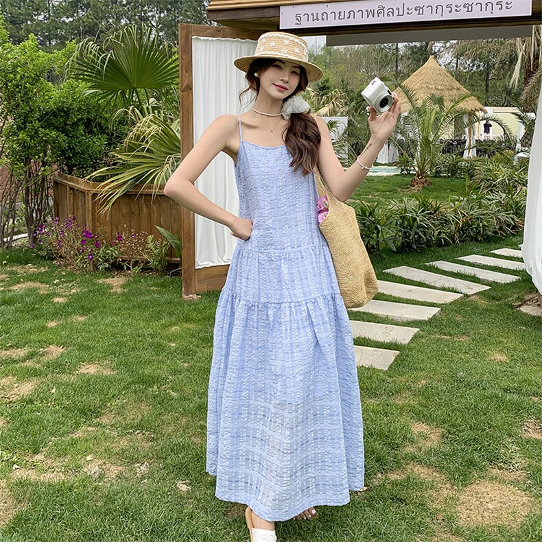 韩系蓝色减龄格纹连衣裙女2025夏季新款高级感小众绝美显瘦吊带裙,女装连衣裙,浙宝276（原081）