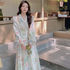 新品有淑女伞裙花朵印花长袖连衣裙-款号8821-P135K188，女装连衣裙，浙宝305