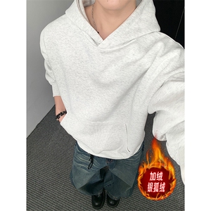加绒银狐绒无帽绳连帽卫衣重磅450克boxy潮棉外套男潮AH932JR-P42图片