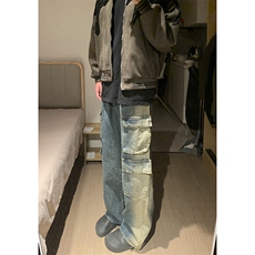 B221美式ins高街重工艺宽松做旧工装牛仔裤子LK23143-P80控108，男装牛仔裤，电商B221