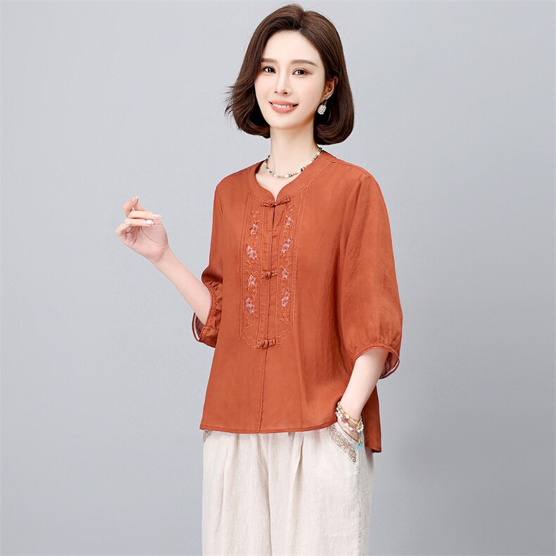 长期有货2026年夏新款苎麻莱赛尔天丝麻刺绣上衣衬衫女中短袖T恤，女装衬衫，璐依舞