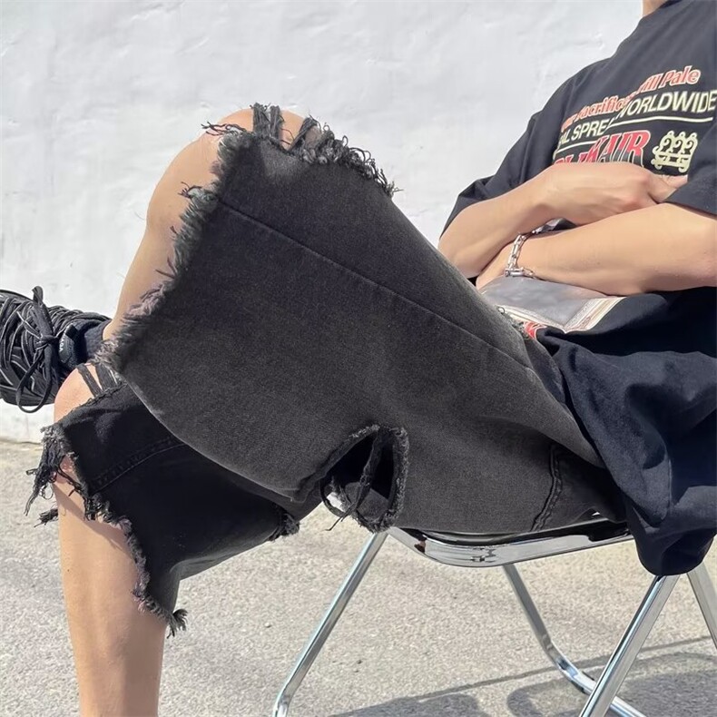 夏季美式复古ins潮牌嘻哈破洞牛仔裤高街六分裤短裤男女EC12-P43,男装牛仔裤,星座1008