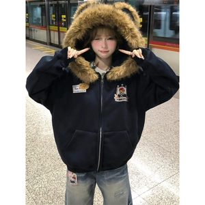 灰色连帽卫衣女2025秋冬美式复古小个子加绒加厚刺绣宽松拉链图片