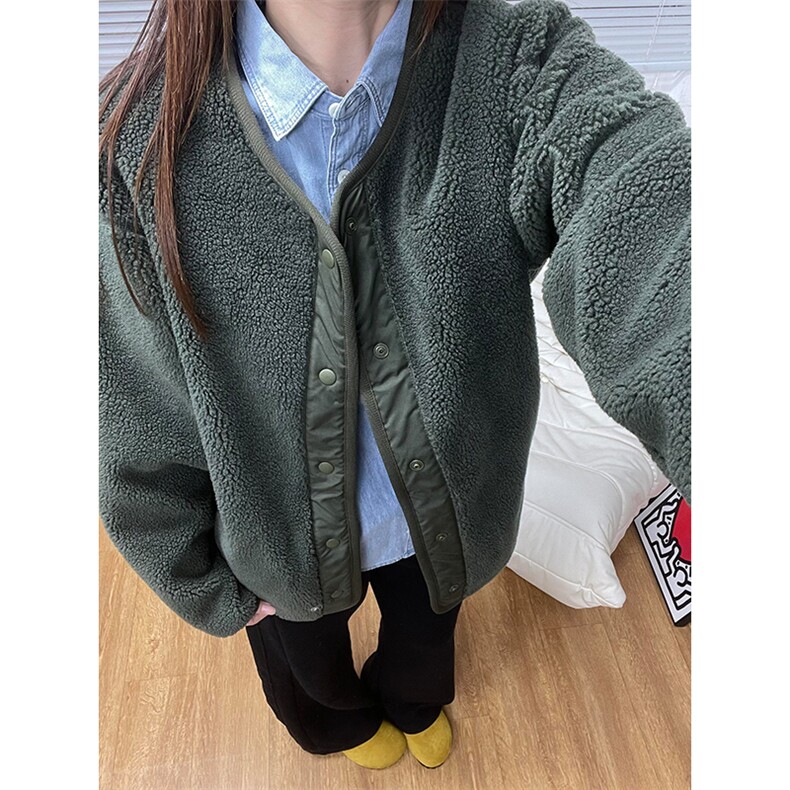 高品U家秋冬防风仿羊羔绒摇粒绒圆领宽松开衫外套男女A1183-P75,女装短外套,星座1505