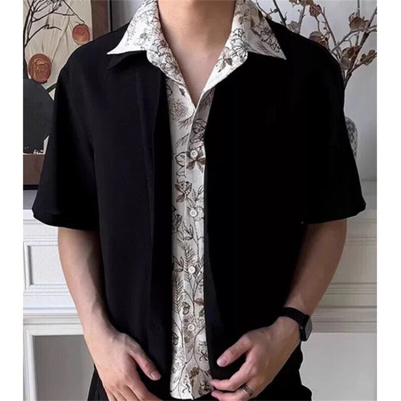 亚麻花领优雅一片领翻领假两件短袖衬衫cleanfit休闲上衣潮C127,男装T恤,星座1116A（原606A-3）