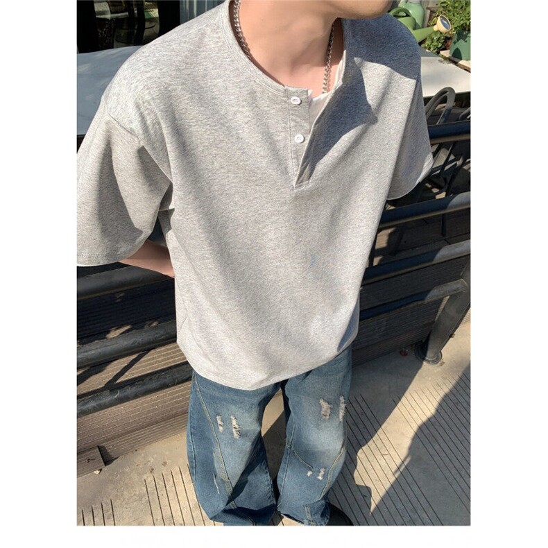 夏季高质量男生男款假两件短袖纯色上衣T恤黑色灰色潮牌时尚款,男装T恤,星座1013
