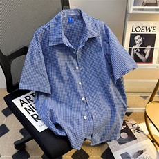 蓝色小格子短袖衬衫男夏季韩版慵懒chic宽松外套刺绣百搭休闲衬衣，男装衬衫，星座601-2