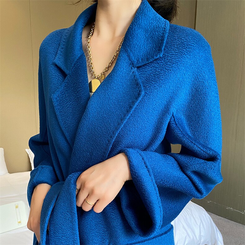 正品！高端水波纹双面羊绒大衣女2024新款睡袍款纯羊毛呢外套长款,女装双面呢大衣,蒙绒特
