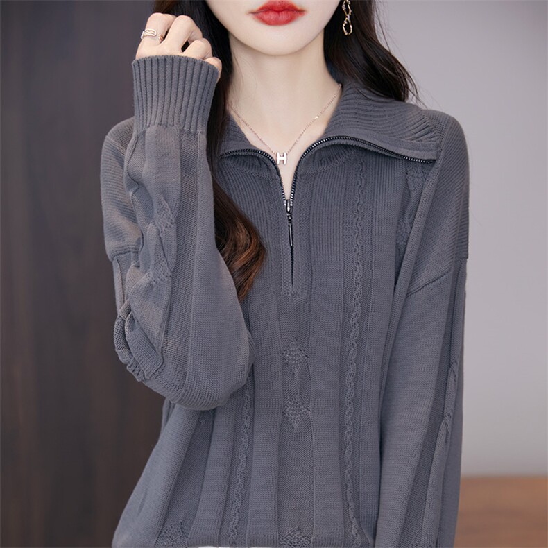 重磅加厚纯棉线针织拉链半开领毛衣女2025秋冬保暖翻领长袖打底衫,针织衫/毛衣,佳绒高端店