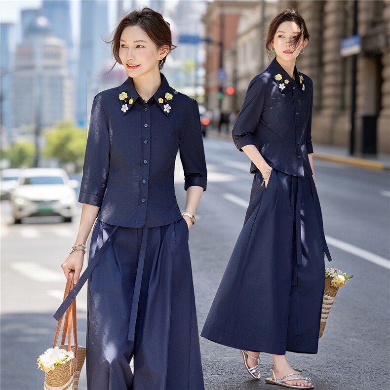 巨好看大方得体裙裤套装女2026夏新款时尚减龄装饰花职场风两件套,女装套装/套裙,水衣源
