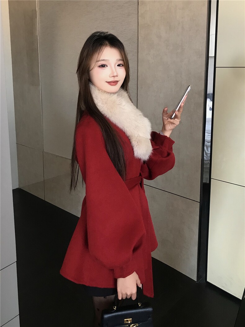 现货新款圣诞款2176-P350-K520双面羊绒大衣配围脖,女装双面呢大衣,韩然一族
