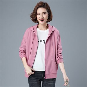 女士拉链纯棉上衣2021春秋季新款连帽纯色抽绳全棉通勤短款外套，女装短外套，伊满意