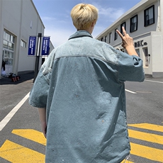 夏季新款牛仔短袖衬衫男外套日系薄款宽松休闲上衣，男装衬衫，星座410-7